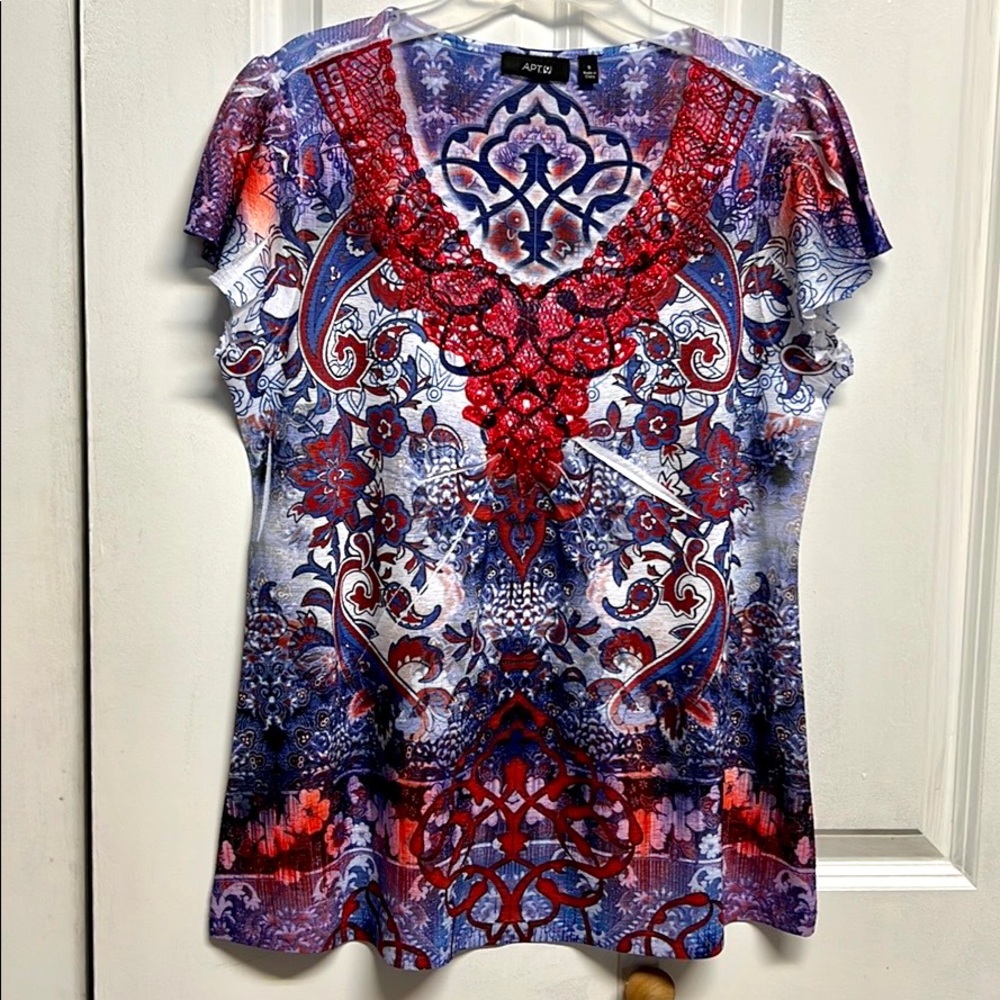 Apt 9 Multi Colorful Paisley Print Lace Sequin Trim Flutter Sleeve Top Size S